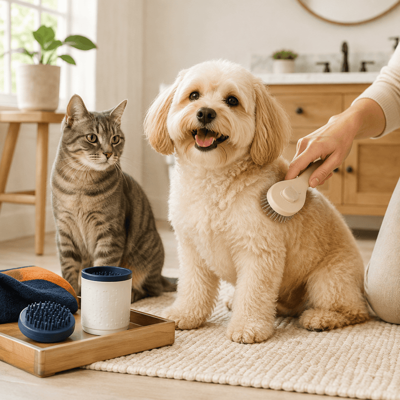 Happy dog being gently groomed beside a cat with pet grooming and paw care essentials