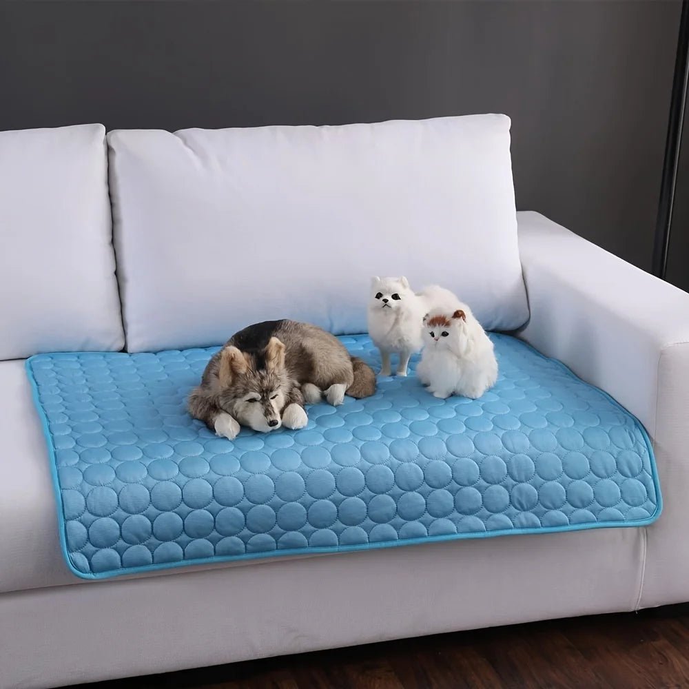 Cat and small pets relaxing on a blue cooling mat