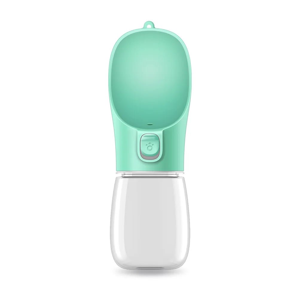 Green portable pet water bottle for outdoor use