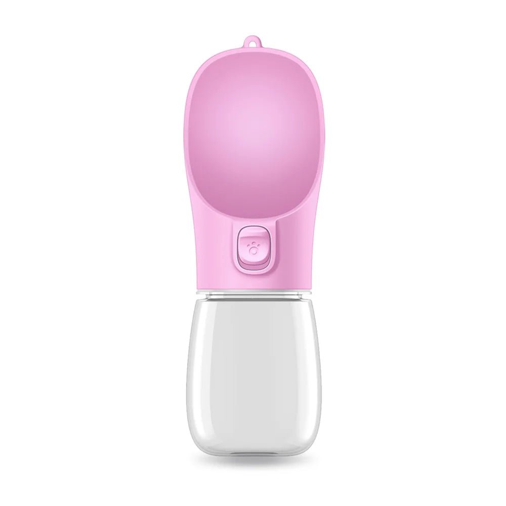 Pink portable pet drinking bottle with built-in bowl