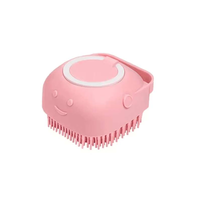 Pink silicone pet grooming and bathing massage brush