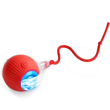 Red rolling ball toy with faux tail for pet play