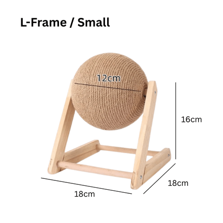 Small L-frame cat scratching ball with product dimensions