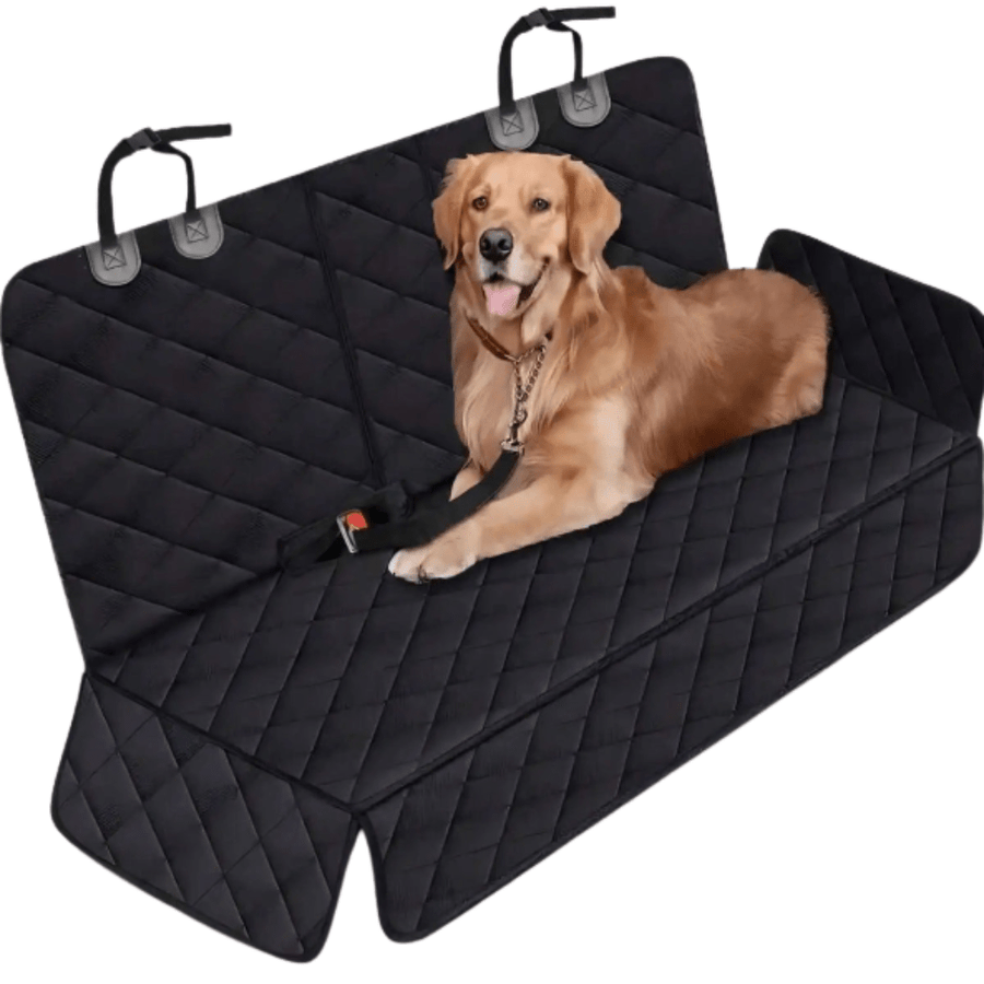Dog lying on a black car seat cover with quilted pattern