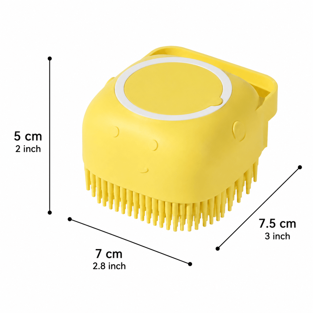 Yellow pet bath massage brush dimensions 7.5 × 7 × 5 cm